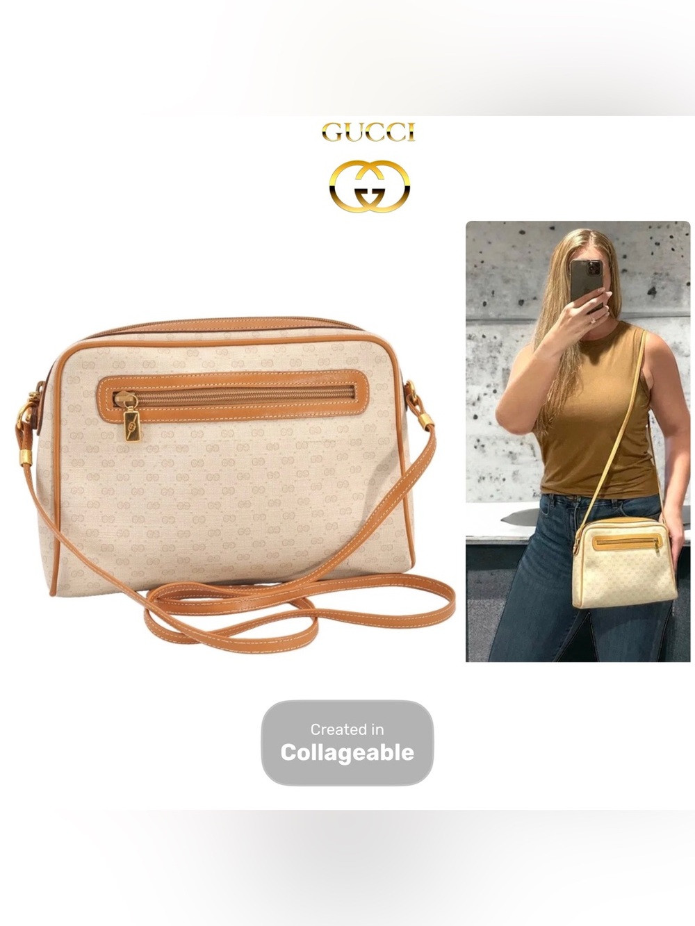 👜 GUCCI Monogram GG Coated Canvas Leather Trim Beige Brown Authentic Crossbody